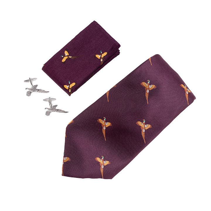 Geschenkset Stropdas, Zakdoek en Manchetknopen Fazant